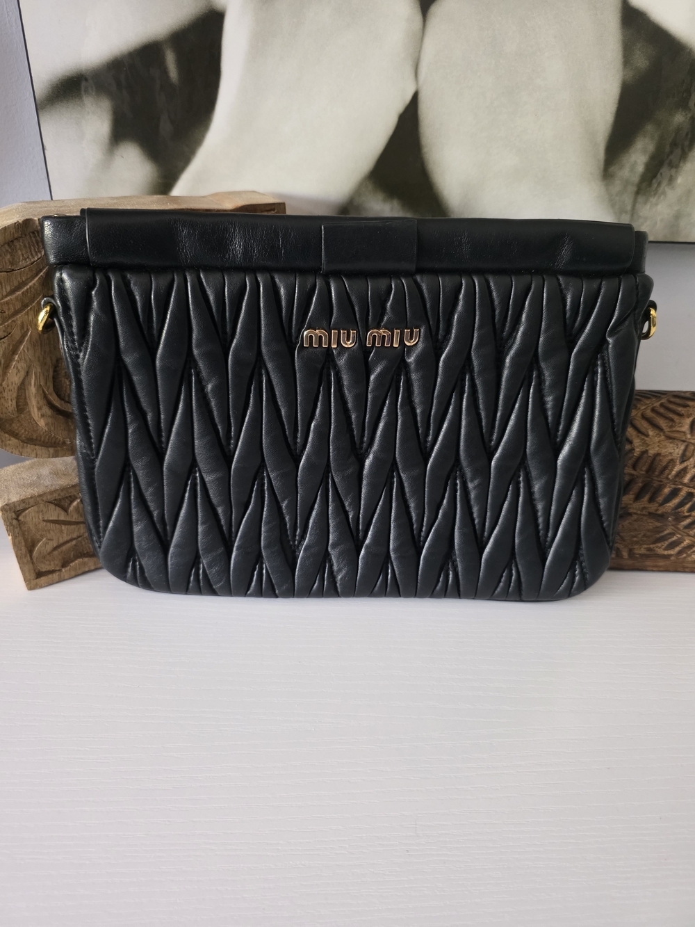Miu Miu Black Quilted Leather Crossbody Bag with Gold Logo